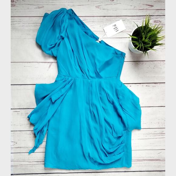 NWT TIBI One Shoulder Silk Chiffon Draped Cocktail Dress Turquoise 2 - Picture 2 of 8